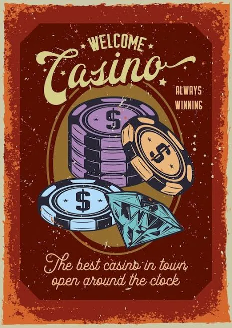 Welcome casino poster with chips and diamonds